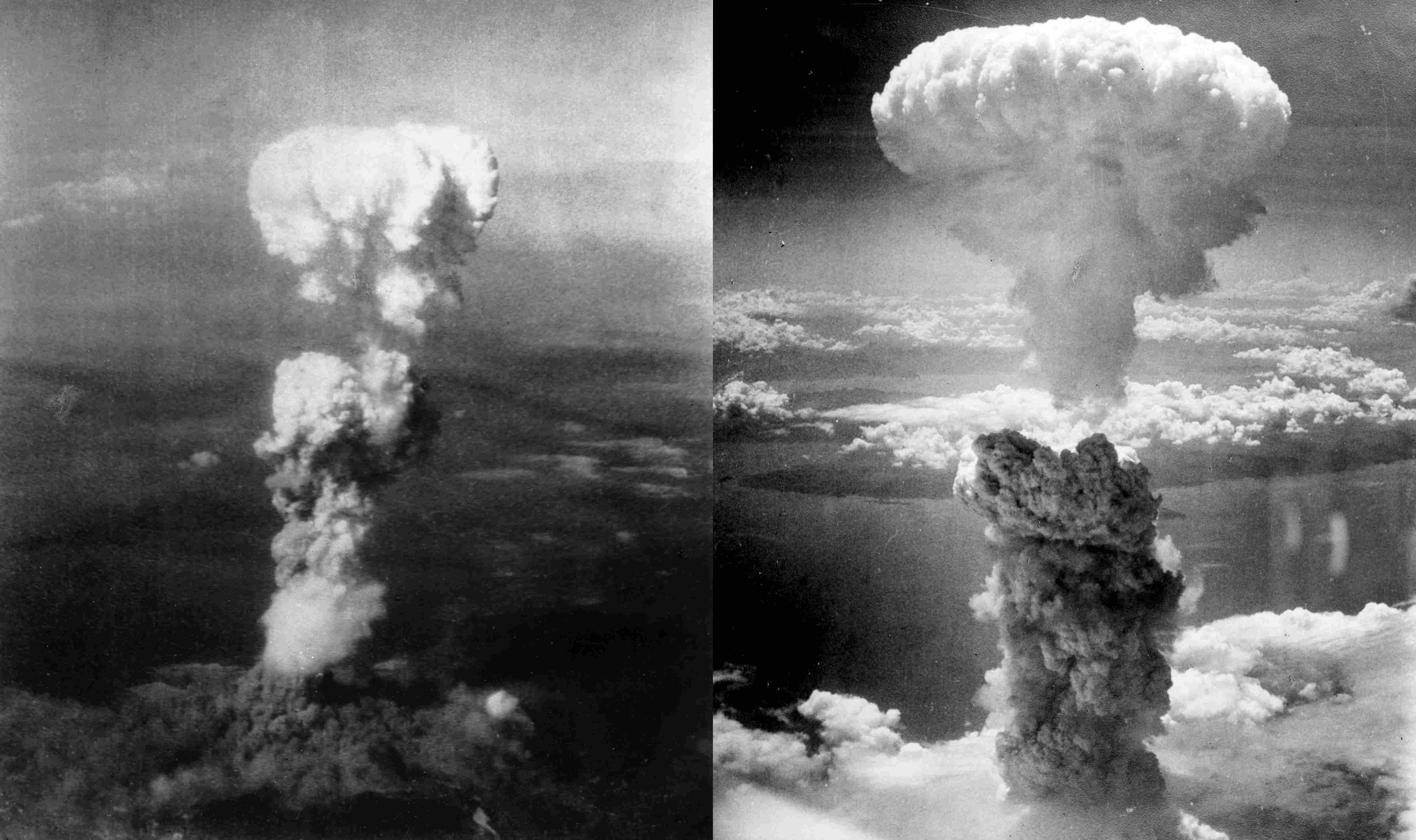 Die Atombombenabw&uuml;rfe &uuml;ber Naggasaki (rechts) und HIroshima (links) forderten Hunderttausende Menschenleben. (Bild: Binksternet)