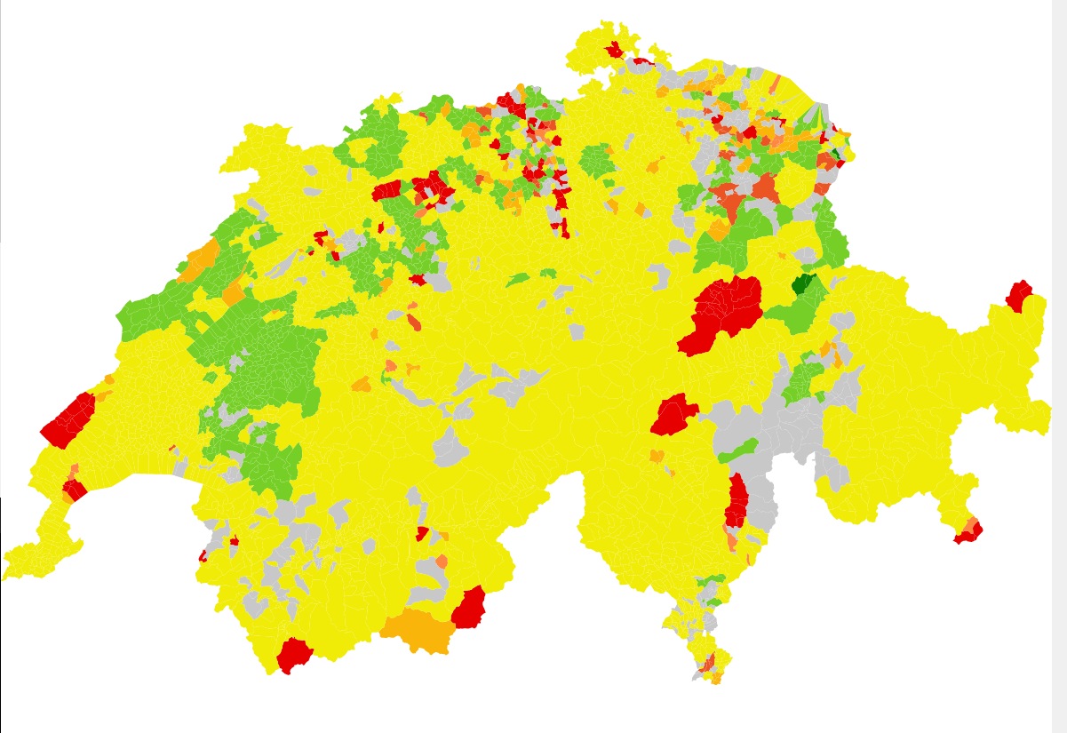 Die Stromlandschaft Schweiz, von www.mynergie.ch graphisch aufbereitet und bewertet, hellgr&uuml;n und gr&uuml;n spiegeln die Spitzenreiter.
